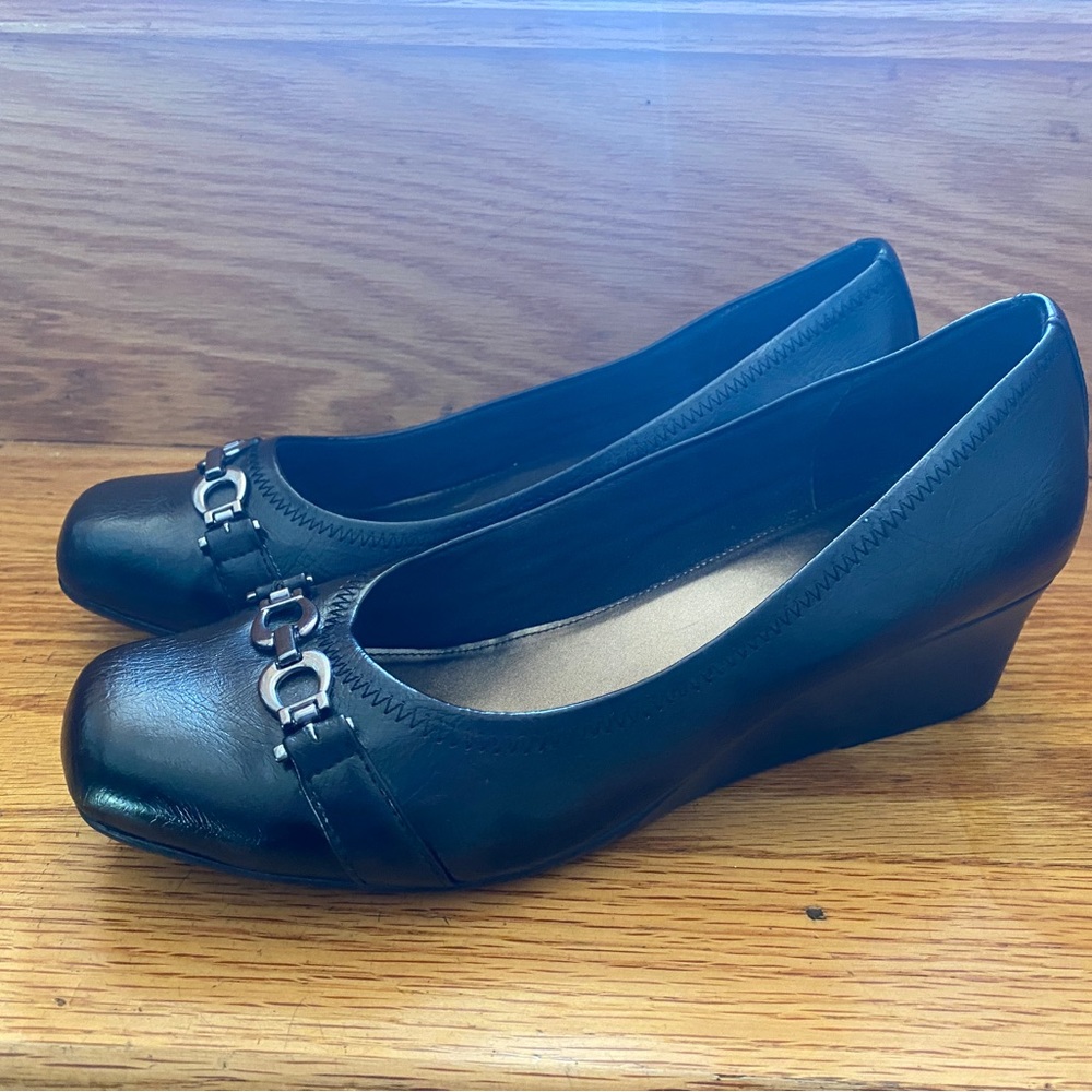Black wedge heel flats , size 9W
